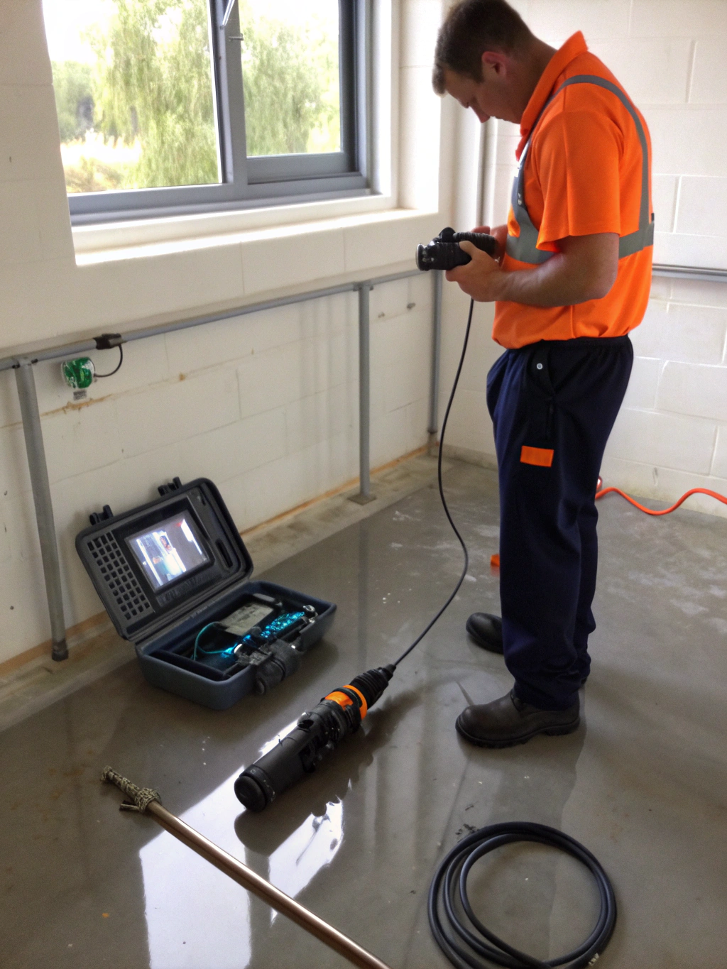 Technician using a motorized drain snake to clear a clogged sink line