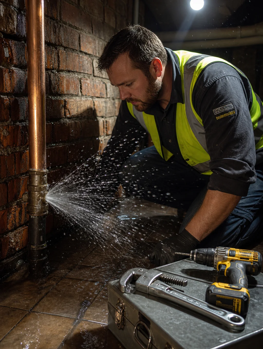 Plumber working on an urgent pipe repair during an emergency call