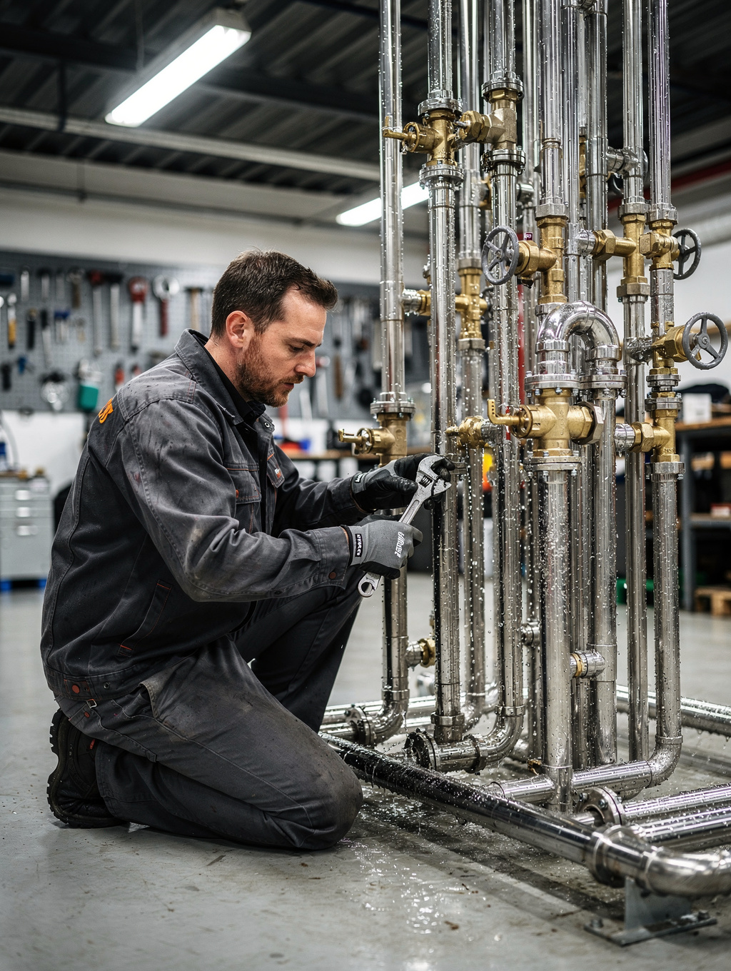 Close-up of a professional plumber working on high-pressure copper piping