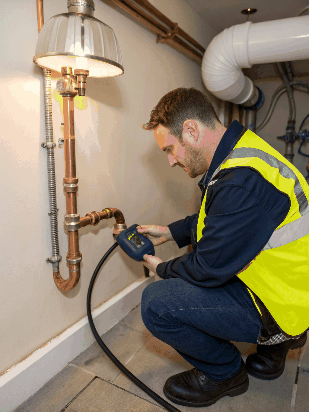 Specialist using ultrasonic leak detection equipment on a residential floor