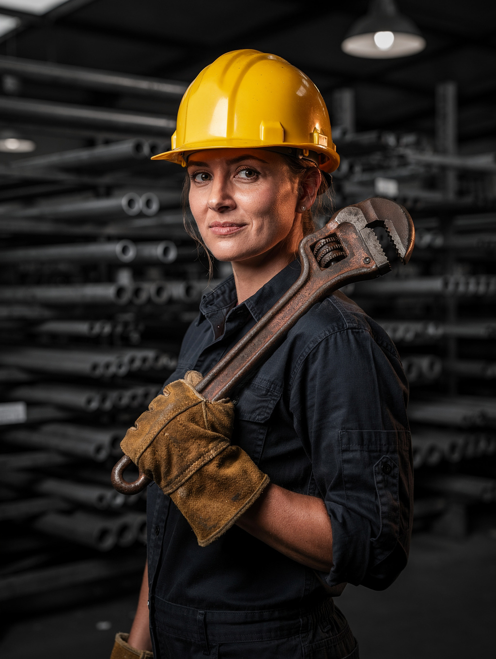 Maya Patel working on structural pipe installation