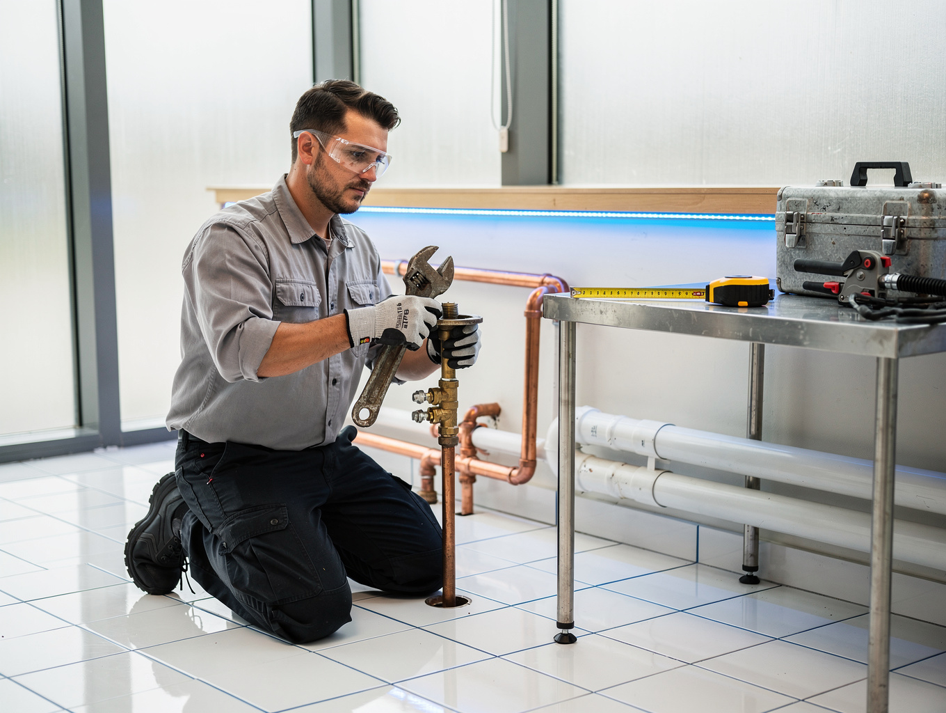 Professional plumber inspecting copper pipe infrastructure