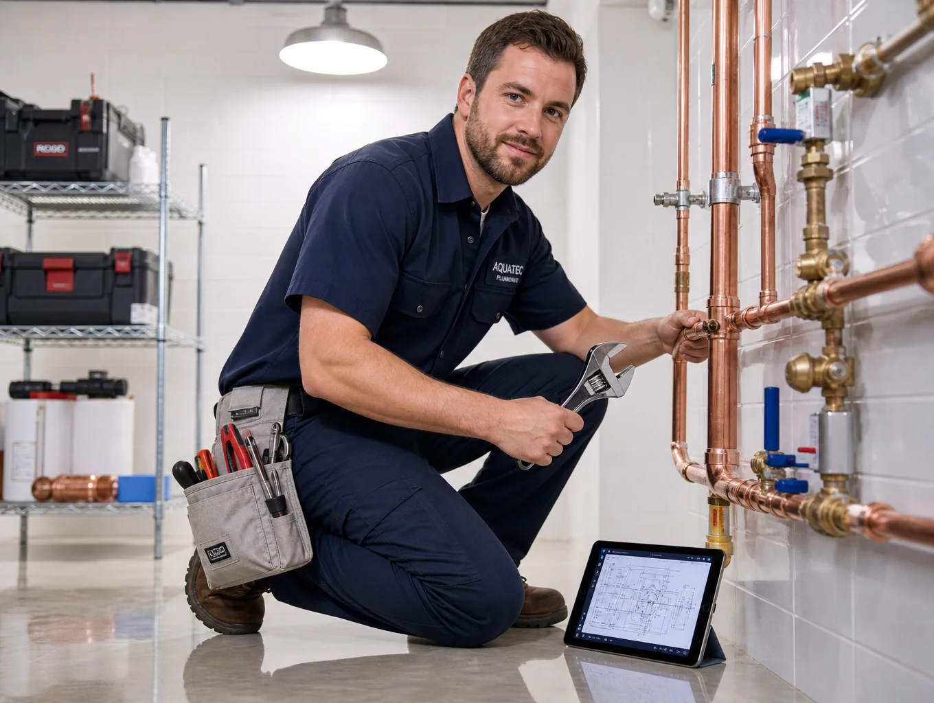 Close-up of a professional plumber adjusting a copper pipe fitting with precision tools