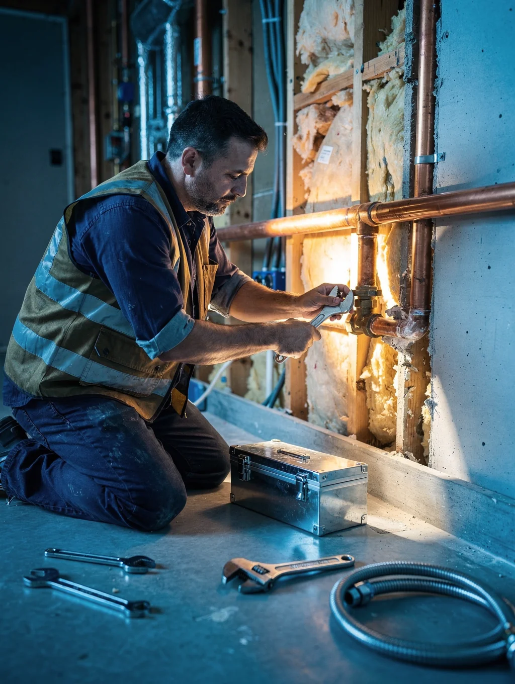 Professional plumber performing a high-precision pipe repair in an industrial setting