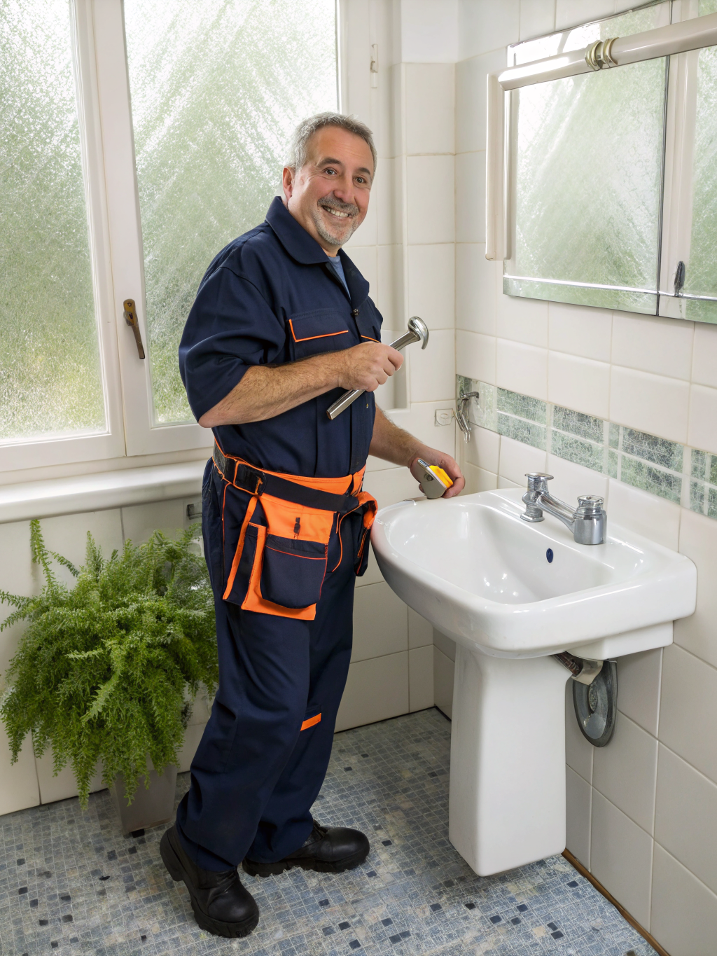 Plumber installing a new ceramic toilet in a renovated bathroom